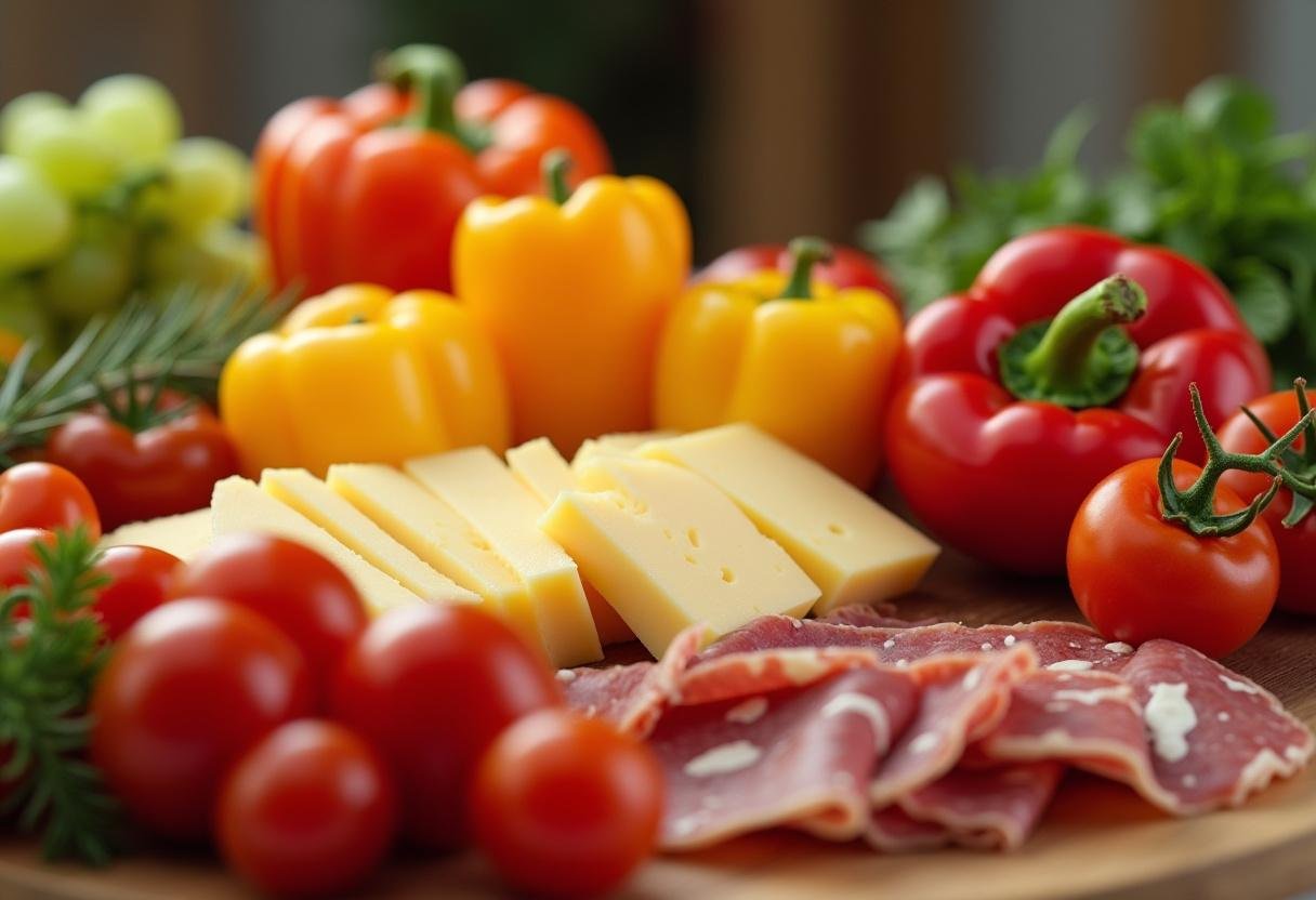 Colorful fresh vegetables arranged on a Lucifer Charcuterie Board to enhance visual appeal.