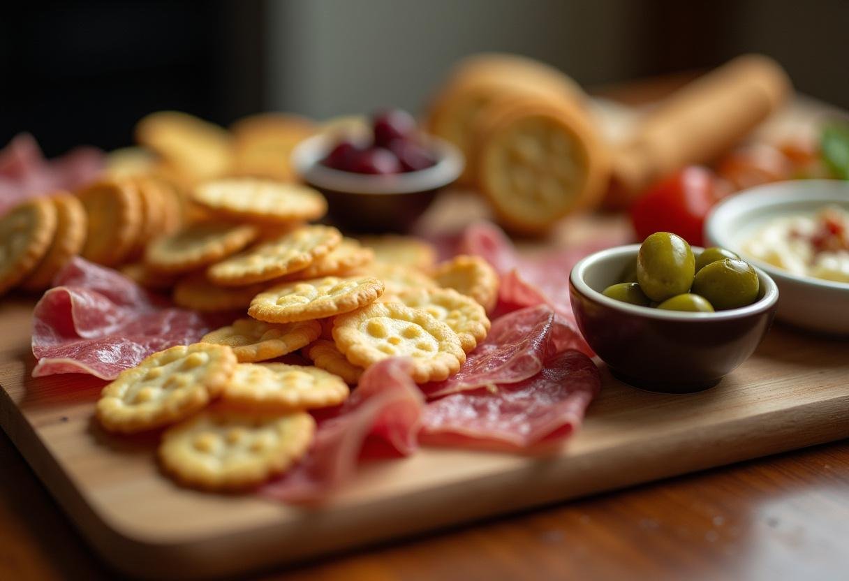 Gourmet crackers and dips arranged on a Lucifer Charcuterie Board to complement the meats and cheeses.