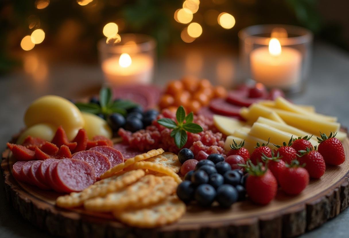 Stylishly arranged Lucifer Charcuterie Board ready for guests with decorative elements in the background.