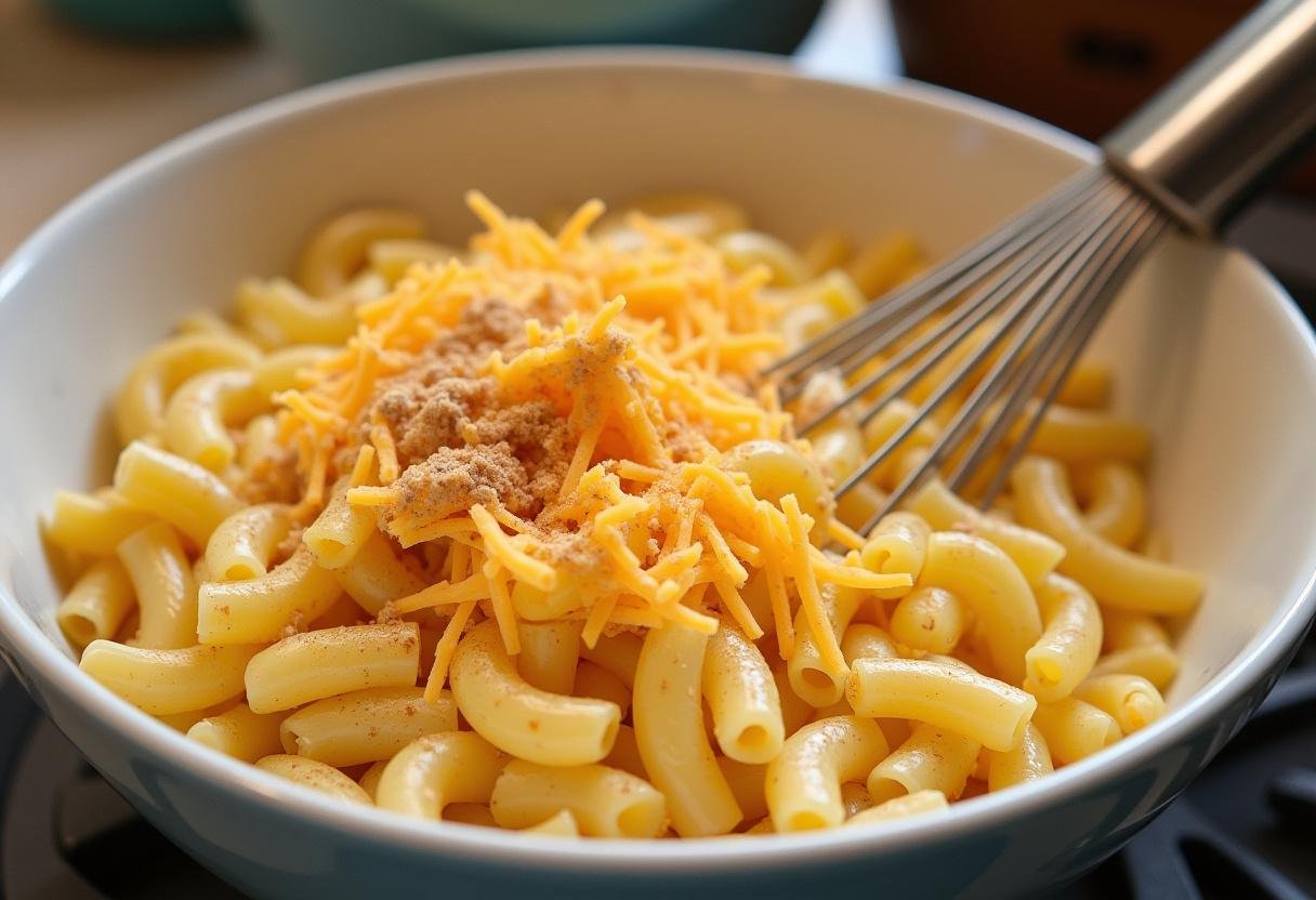 Mixing shredded cheese and spices with cooked macaroni for Modern Family Mac and Cheese.