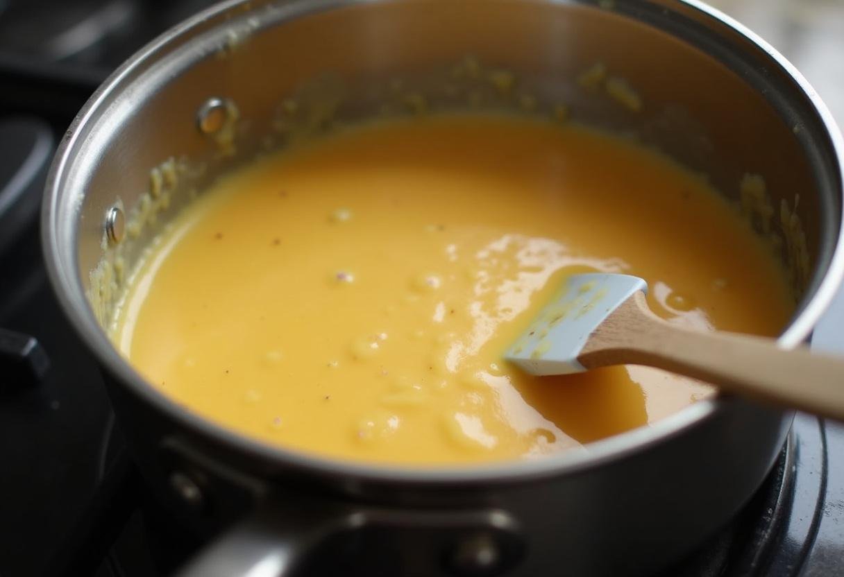 Creamy cheese sauce simmering on the stove for Modern Family Mac and Cheese.