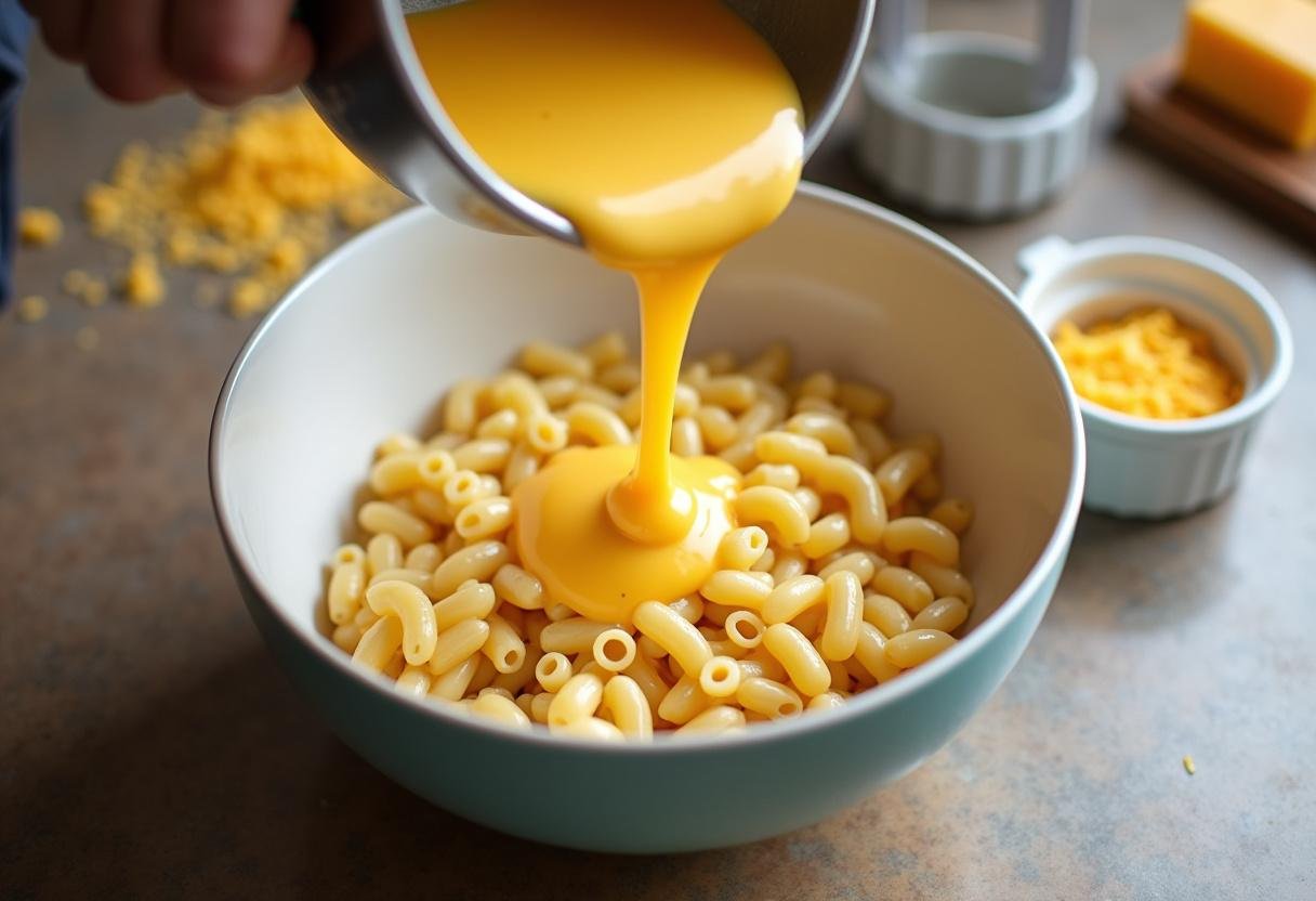 Pouring cheese sauce over macaroni for a delicious Modern Family Mac and Cheese.