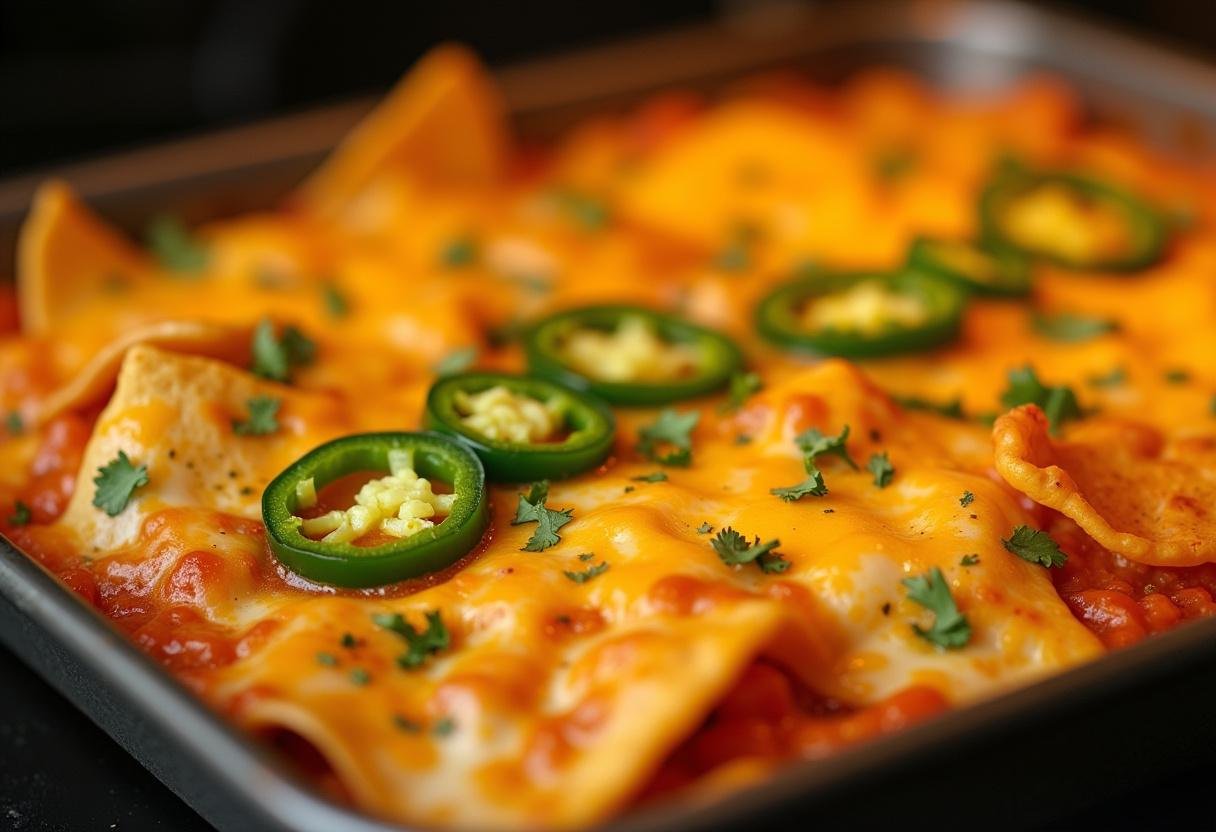 Bubbling baked Ocean's Eleven Vegas Nachos fresh out of the oven, ready to serve.