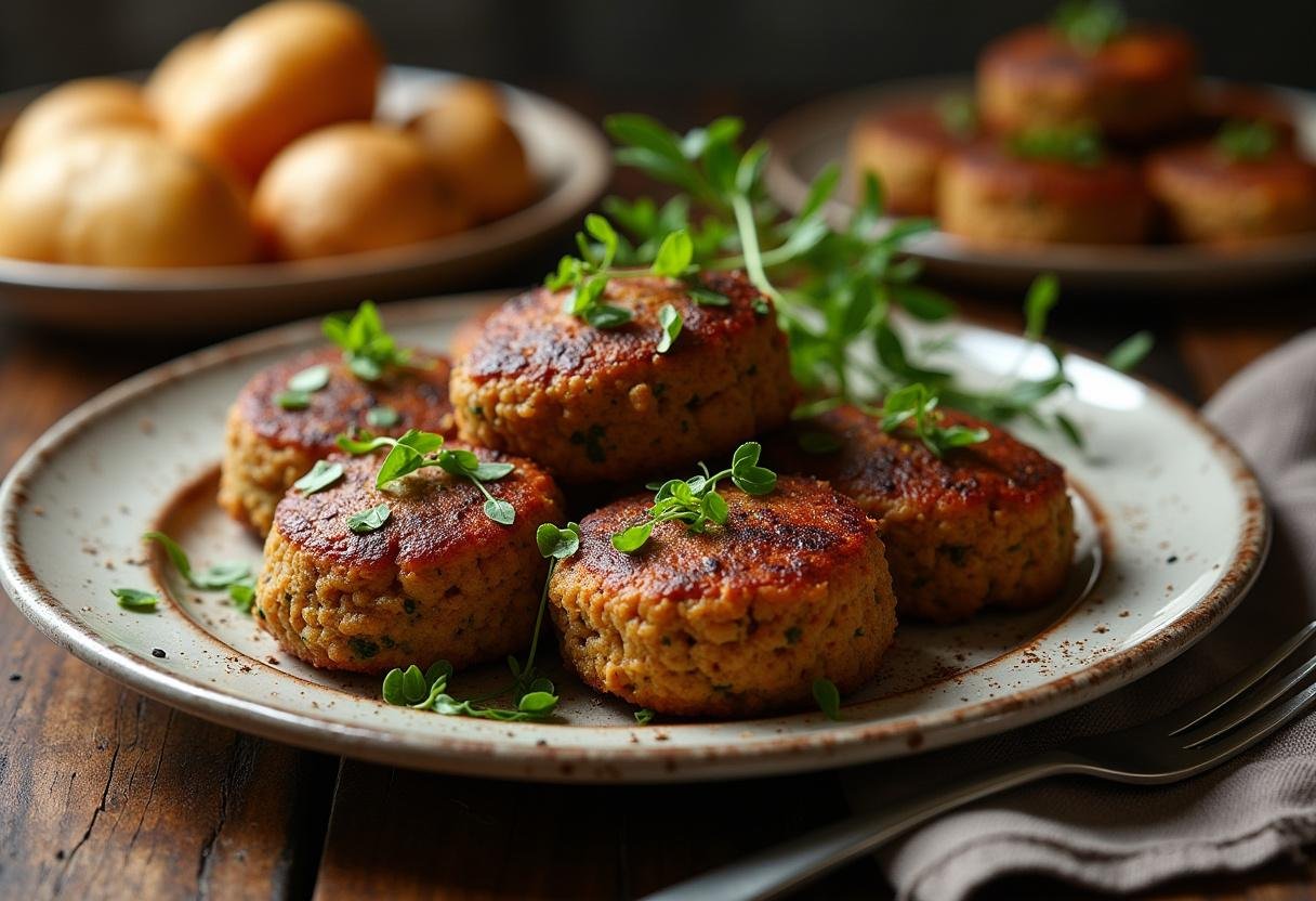 Delicious Outlander Highland Haggis Patties served with herbs and baked potatoes.