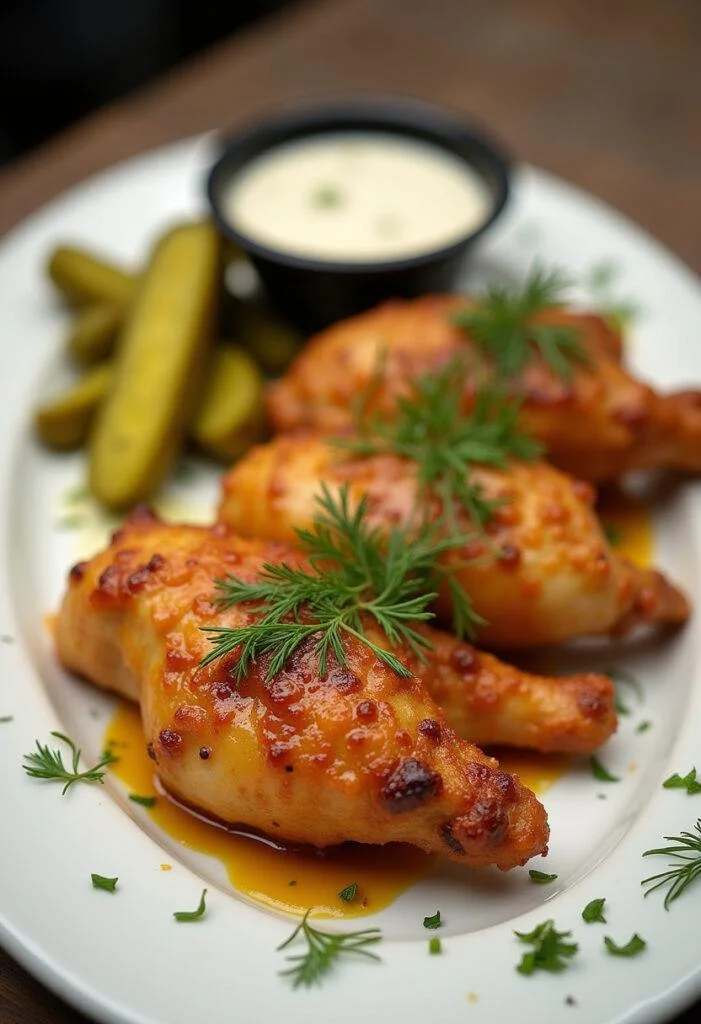 Presentation of delicious Pickle Rick Brined Chicken with garnishes, perfect for serving at any meal.