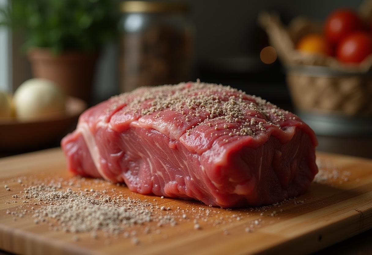 Raw beef roast seasoned for the Seinfeld Festivus Roast Beef recipe.