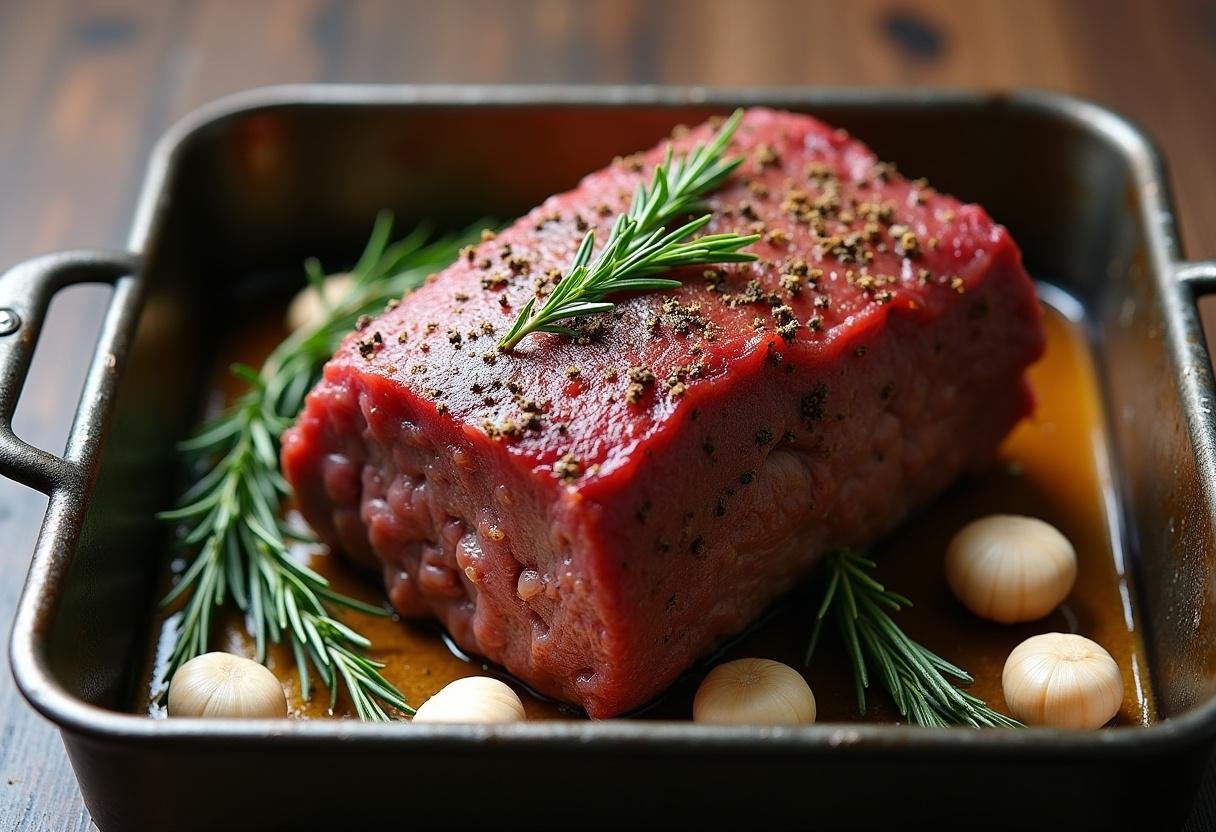 Beef roast placed in a roasting pan with herbs and garlic for Seinfeld Festivus Roast Beef.