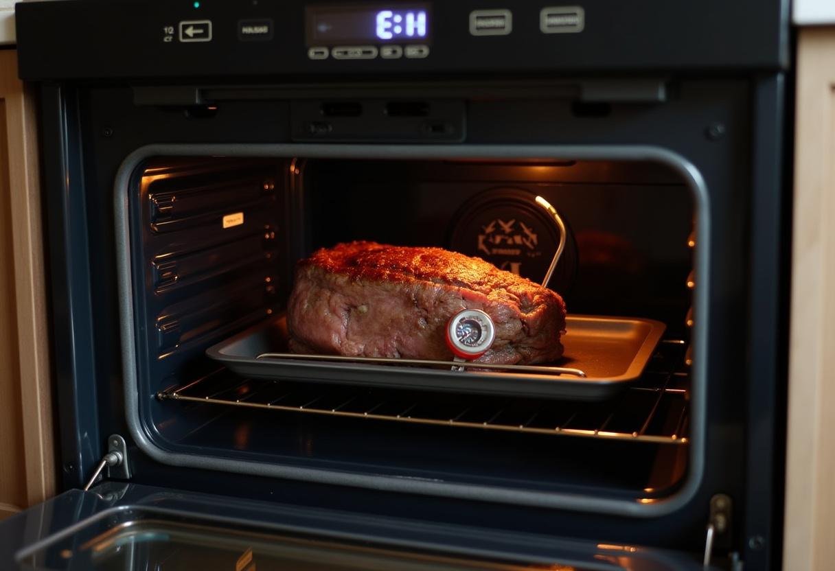 Beef roast in the oven, with a meat thermometer for perfect cooking on Festivus.