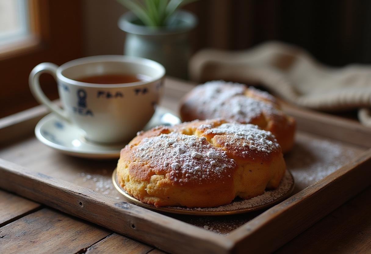 Finished Sherlock Holmes London Fog Tea Cakes with powdered sugar, paired with Earl Grey tea.