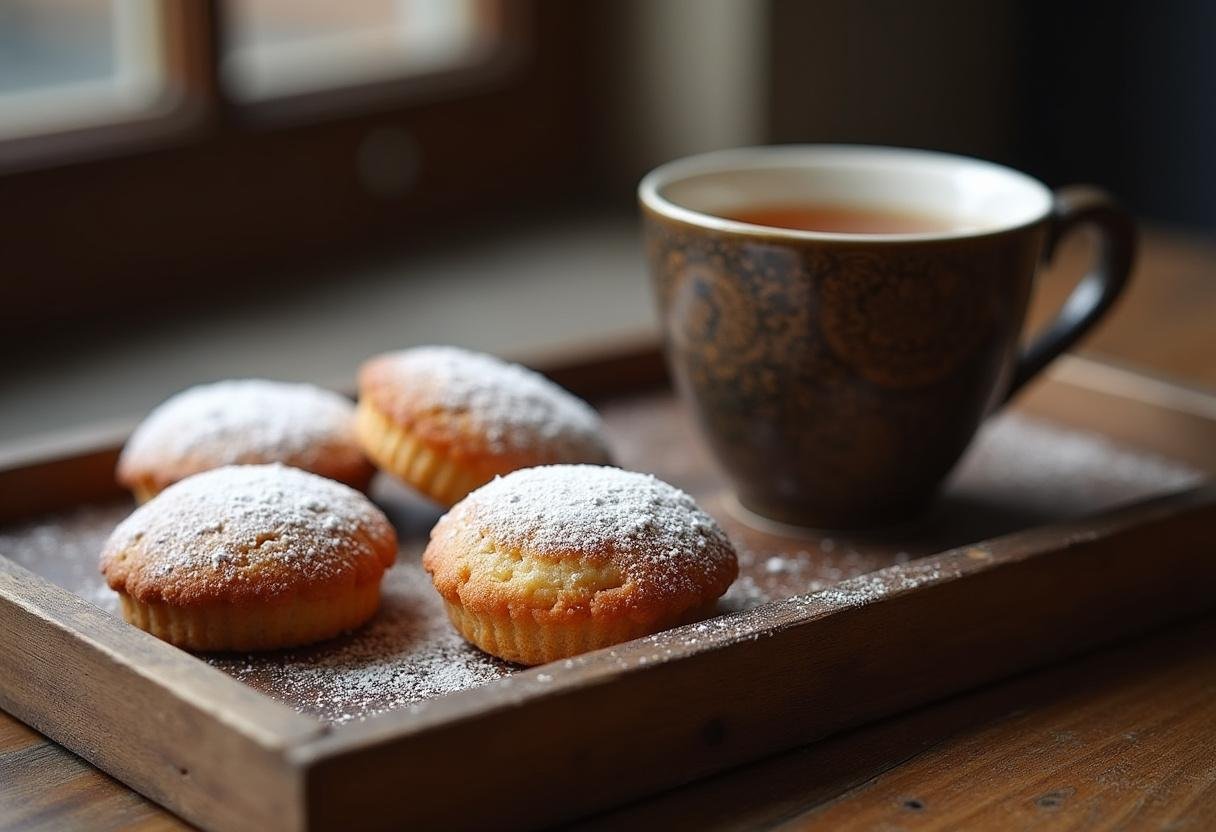 Finished Sherlock Holmes London Fog Tea Cakes with powdered sugar dusting, paired with Earl Grey tea in vintage china.