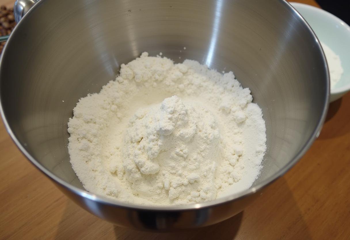 Dry ingredients being sifted through a fine mesh strainer for Sherlock Holmes London Fog Tea Cakes.