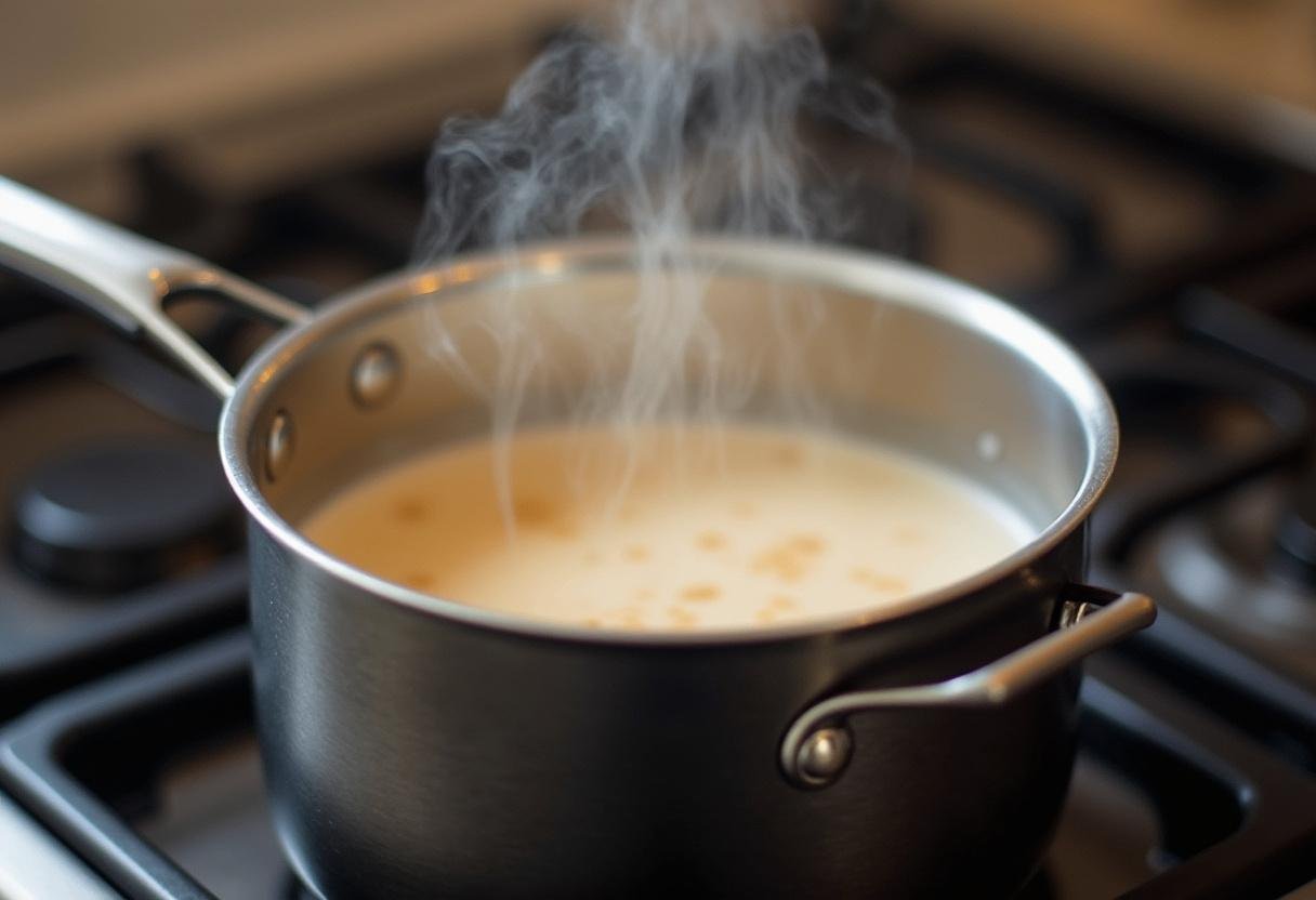 Milk steeping with Earl Grey tea leaves in a small saucepan, creating the London Fog infusion.