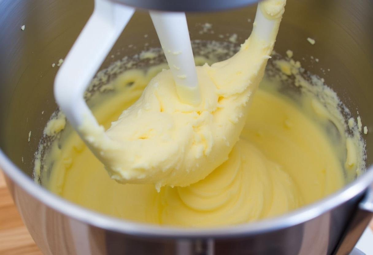Stand mixer creaming butter and sugar to pale yellow perfection for London Fog Tea Cakes.