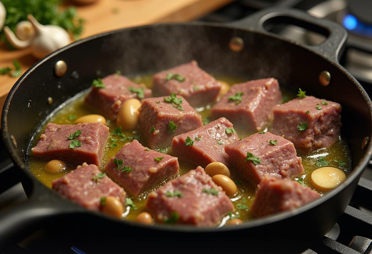 Chunks of lamb browning in olive oil for Chianti-Braised Lamb recipe with garlic and herbs.