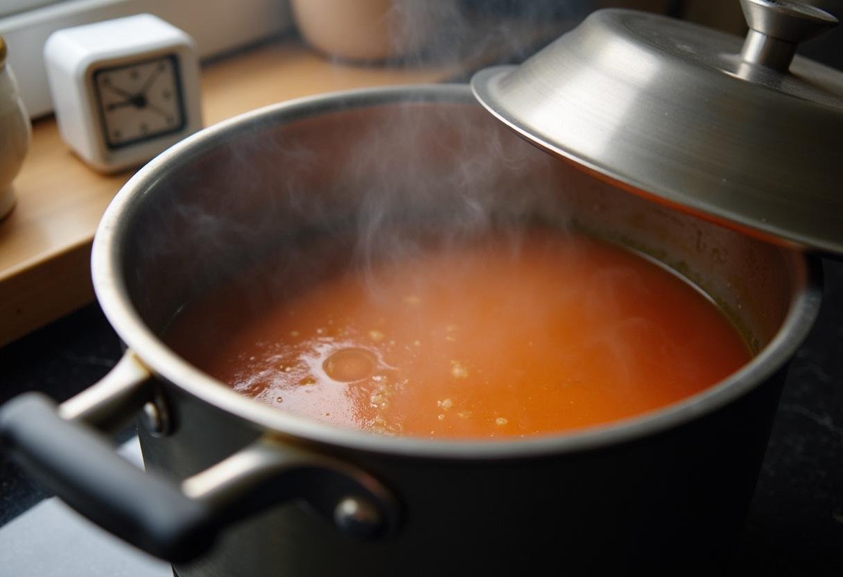 Simmering pot of Chianti-Braised Lamb, showcasing the rich sauce and aromatic ingredients.