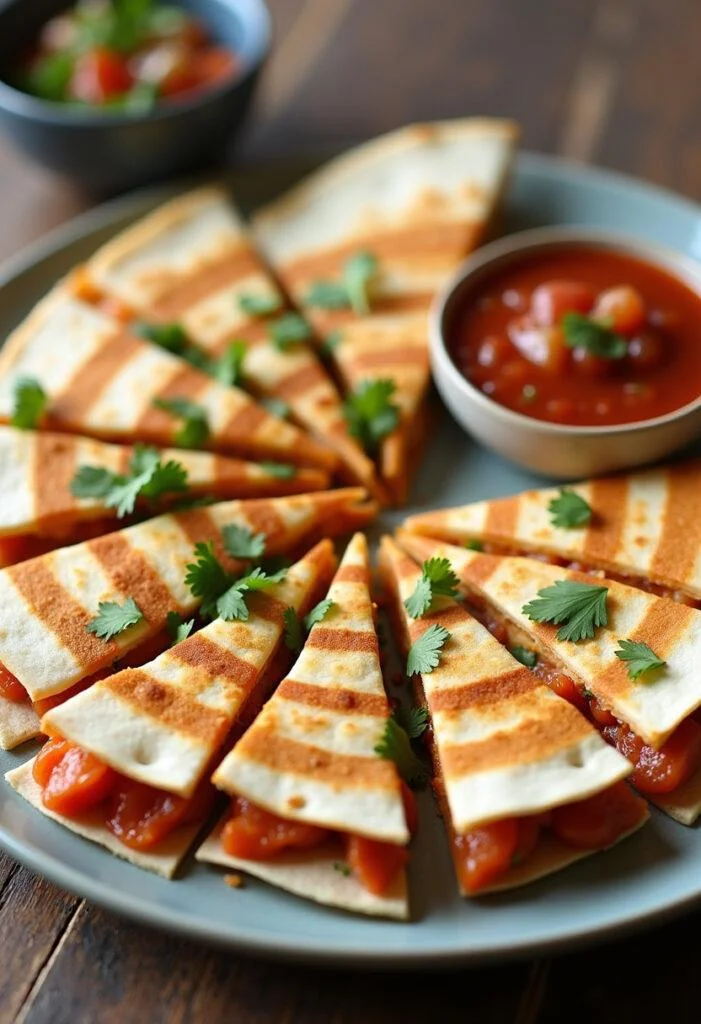 Finished Spider-Man Web-Spinner Quesadillas served with salsa, a fun and colorful meal for fans.