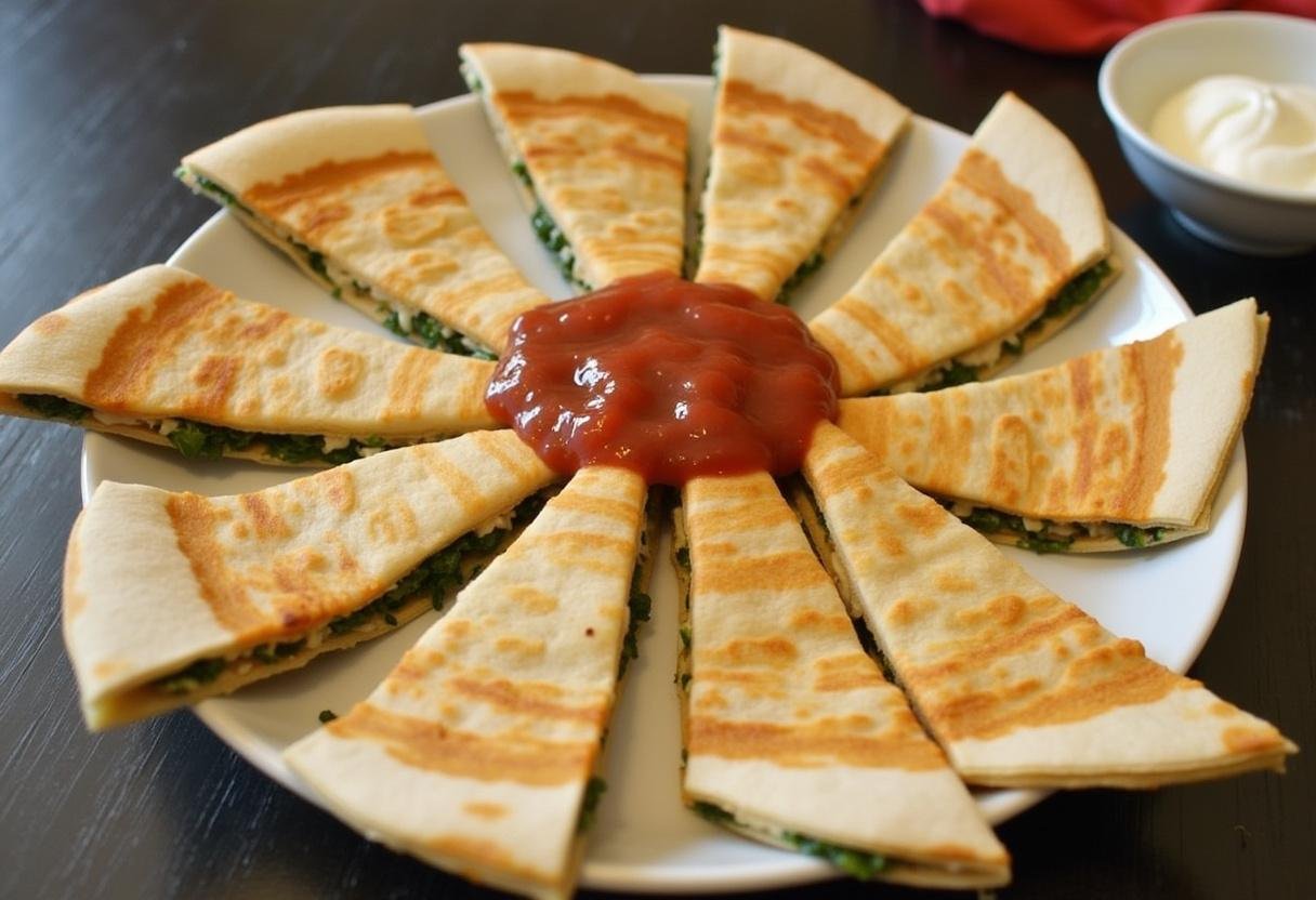 Spider-Man themed spinach quesadillas served with salsa and sour cream.