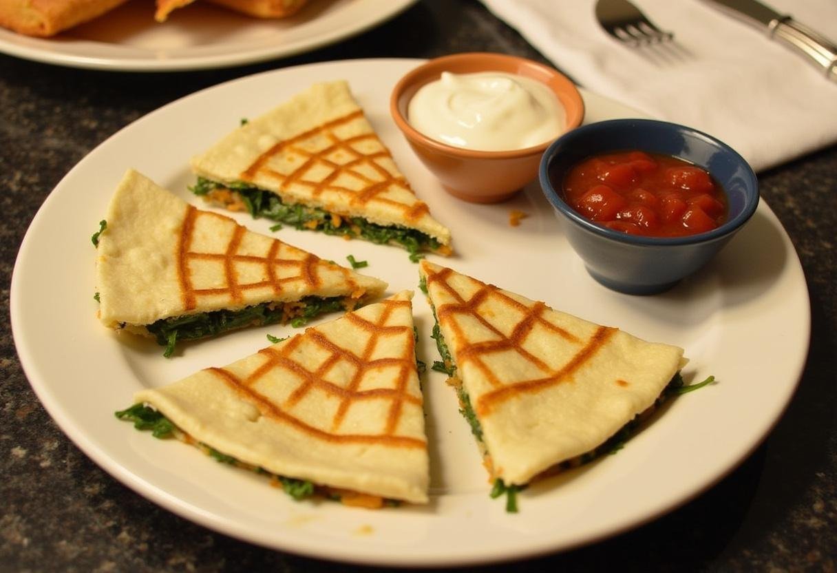 Spider-Man themed spinach quesadillas served with salsa and sour cream.