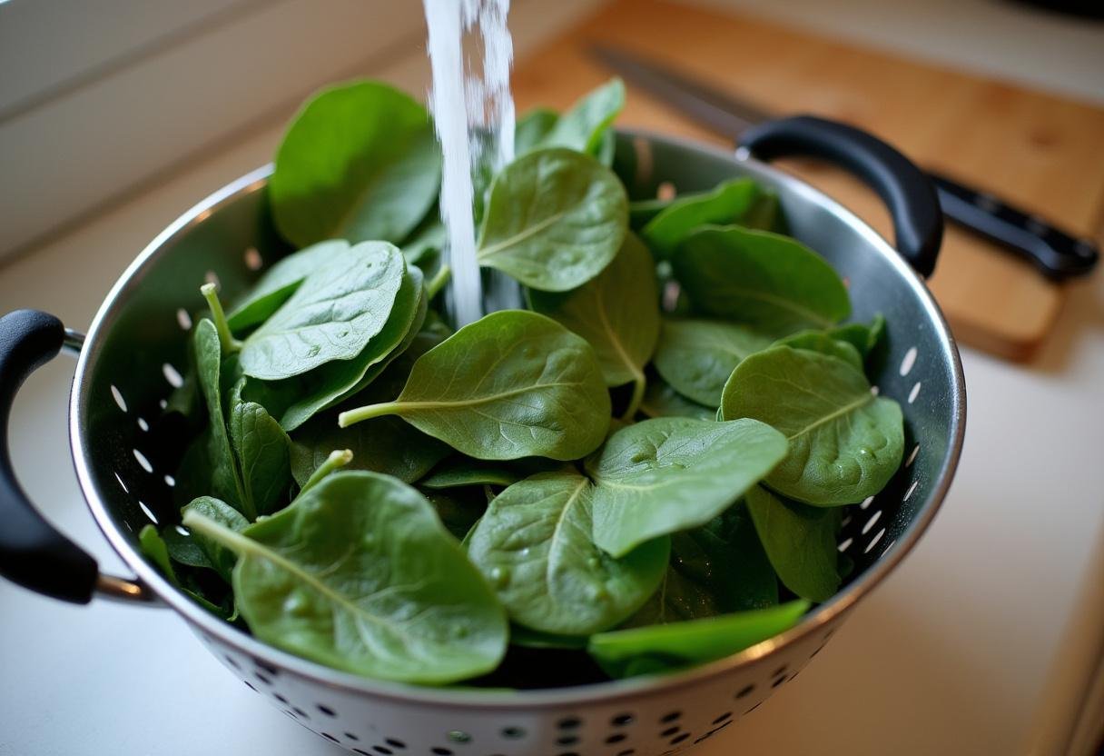 Fresh spinach leaves being prepared for Spider-Man Web-Spinner Spinach Quesadillas.