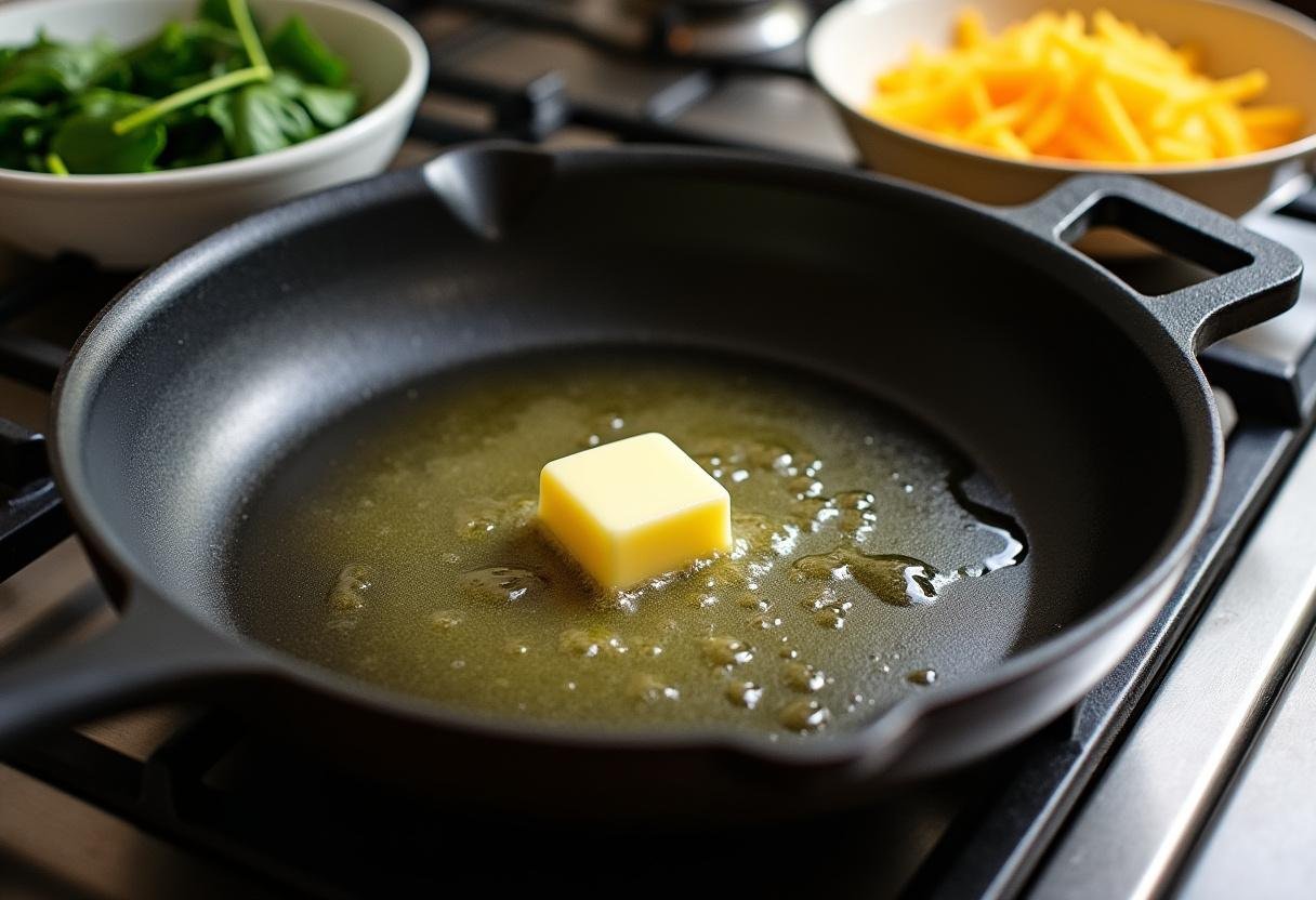 Skillet with melted butter and ingredients for Spider-Man quesadillas.