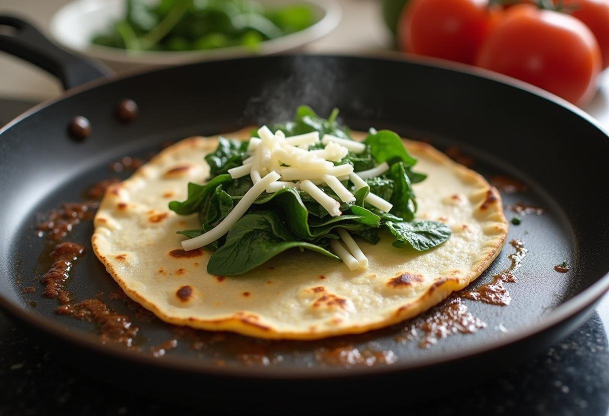 Tortilla with spinach and cheese being prepared for Spider-Man quesadillas.