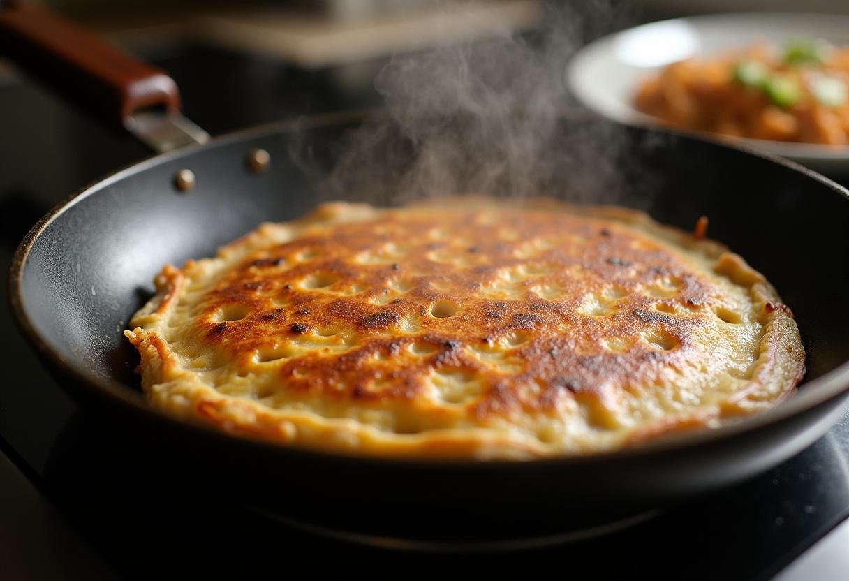 Crispy spinach quesadilla cooking in a skillet for Spider-Man theme.