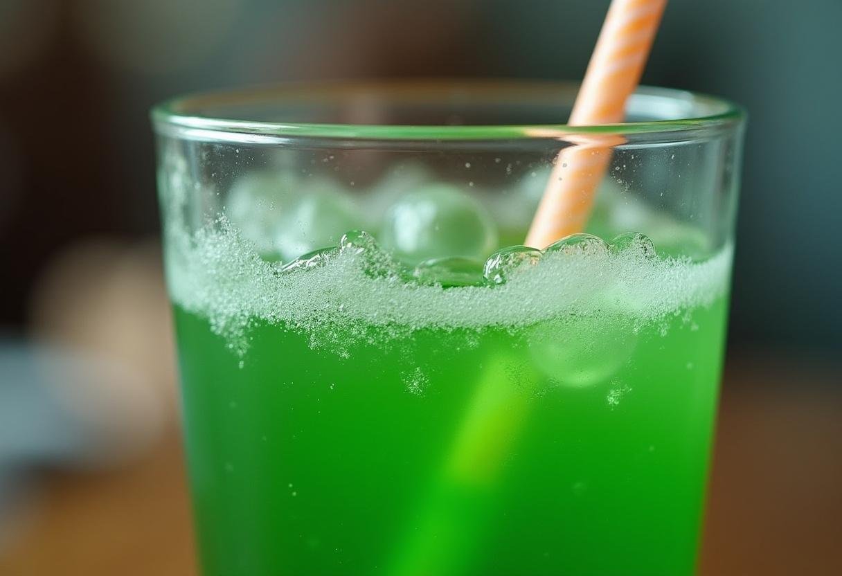 Pouring the refreshing Yoda Soda into a glass with a Yoda straw for serving.