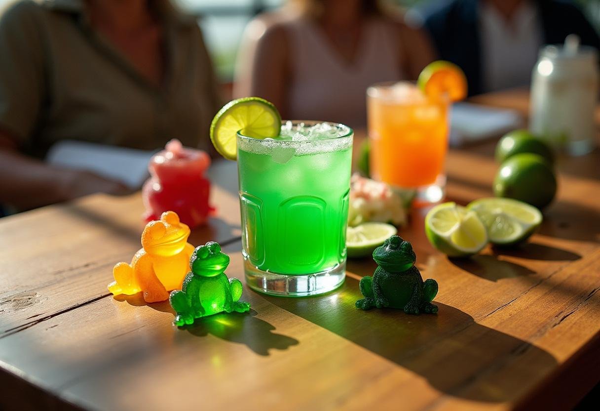 Garnishes like gummy frogs and lime slices ready for decorating the Star Wars Yoda Soda.