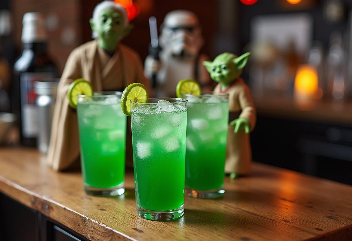 Yoda Soda serving station prepared with drinks and fun Star Wars decorations.