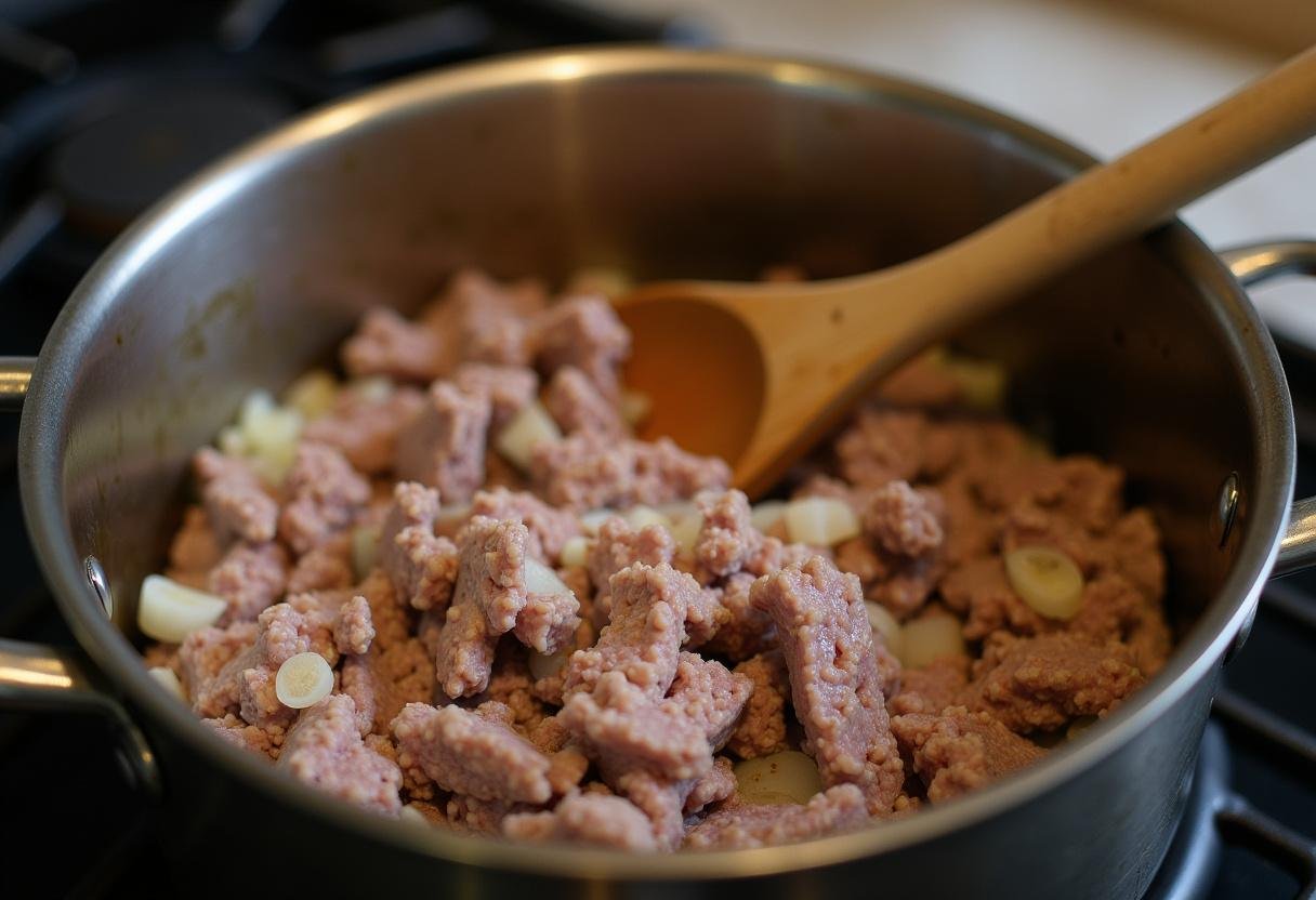 Ground beef and onions cooking in a pot for Stranger Things Chili Dogs.