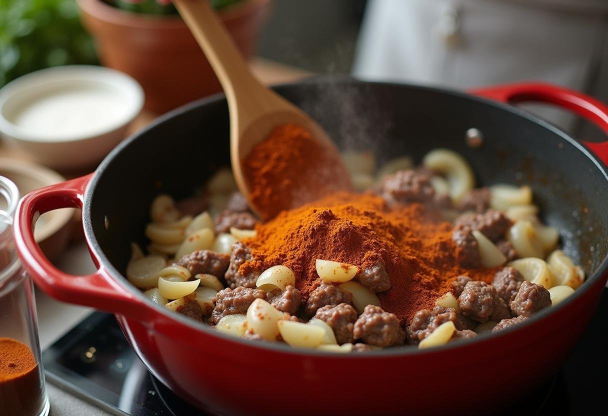 Spices being stirred into the chili mixture for Stranger Things Chili Dogs recipe.