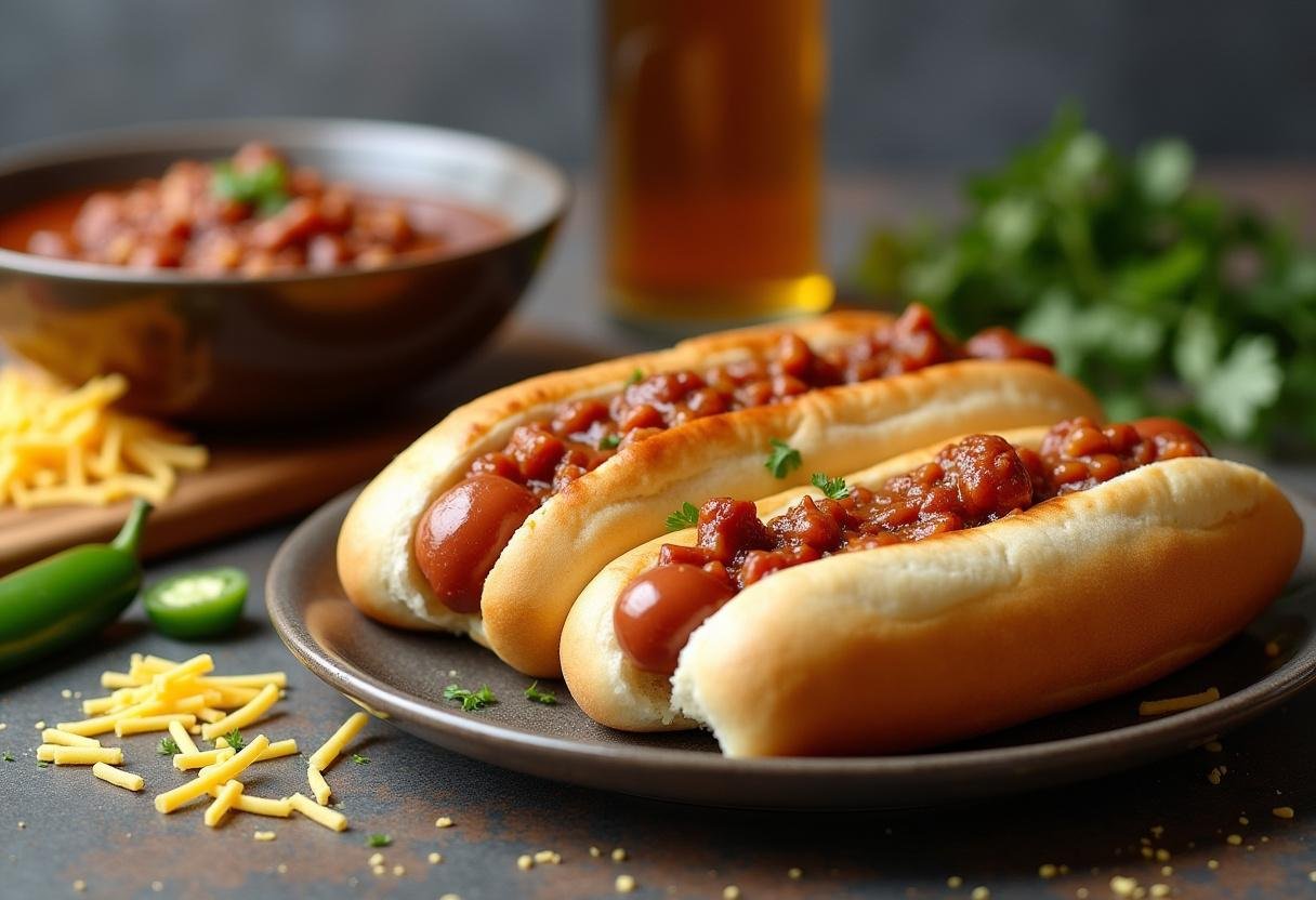 Hot dog buns and chili preparation for making Stranger Things Chili Dogs.