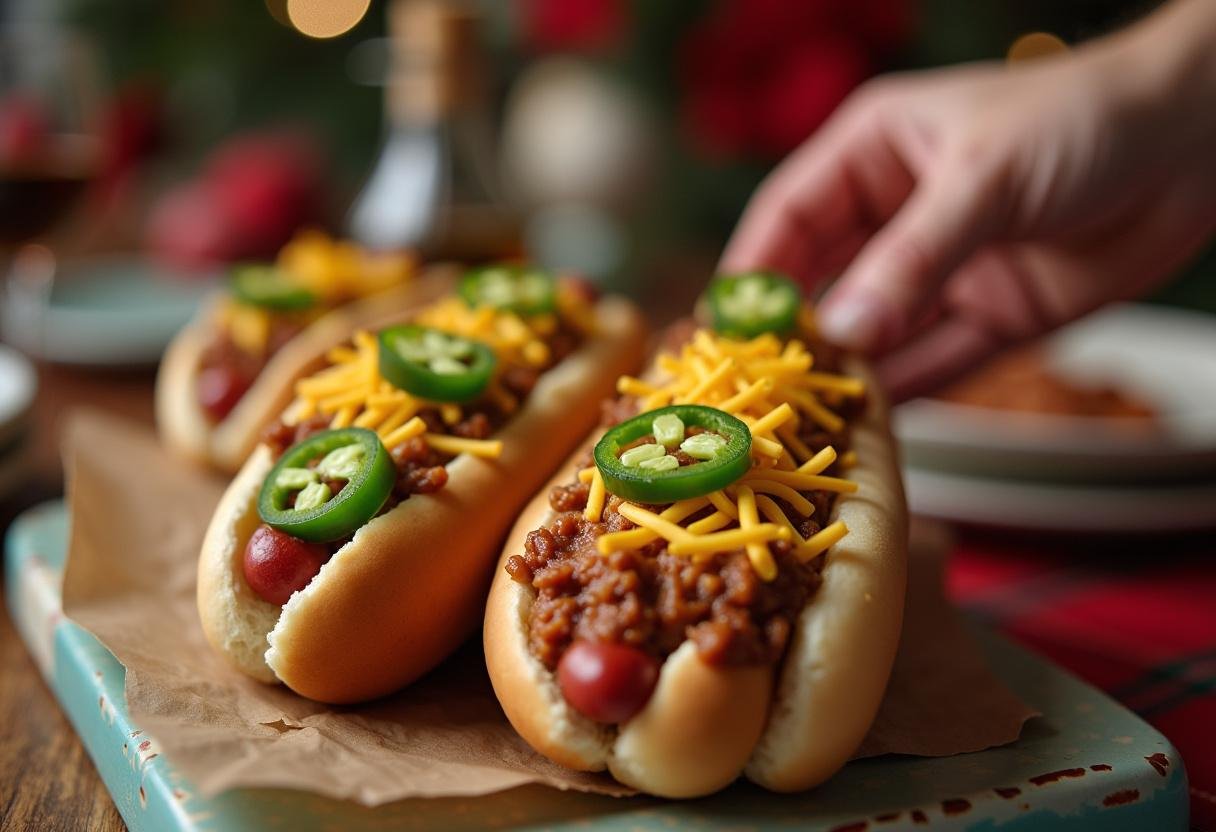 Assembling Stranger Things Chili Dogs with chili and toppings ready to serve.