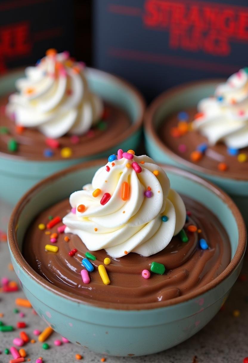 Delicious chocolate pudding inspired by Stranger Things, served with whipped cream and sprinkles for a nostalgic touch.
