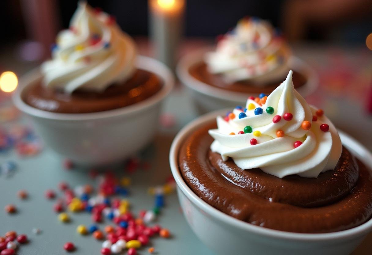 Delicious chocolate pudding inspired by Stranger Things, served with whipped cream and sprinkles for a nostalgic touch.