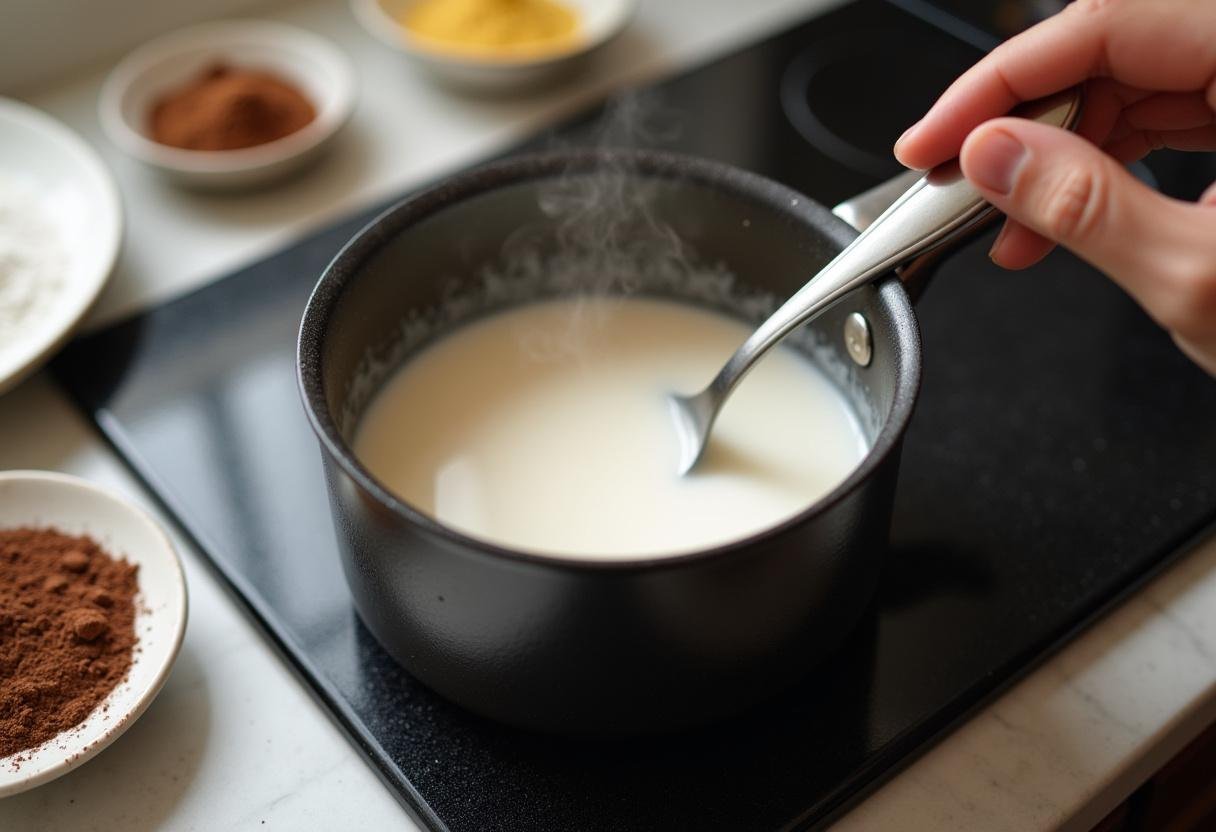 Milk heating for chocolate pudding in the Stranger Things inspired kitchen setting.