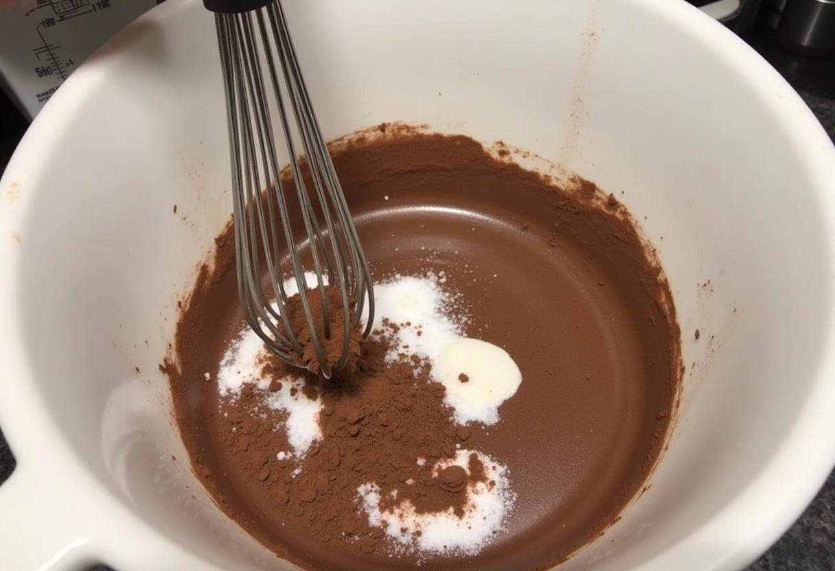 Cocoa powder and sugar being combined for the chocolate pudding recipe inspired by Stranger Things.