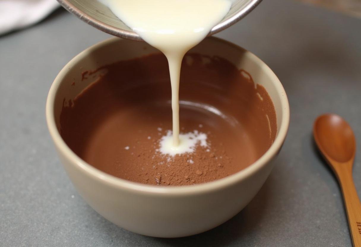 Pouring heated milk into chocolate pudding ingredients for a Stranger Things themed dessert.