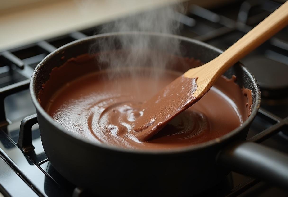 Cooking chocolate pudding mixture on the stove, reminiscent of Stranger Things vibes.
