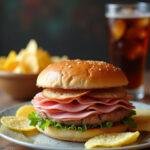 Finished Stranger Things ham sandwich served with chips and soda, perfect for a themed meal.