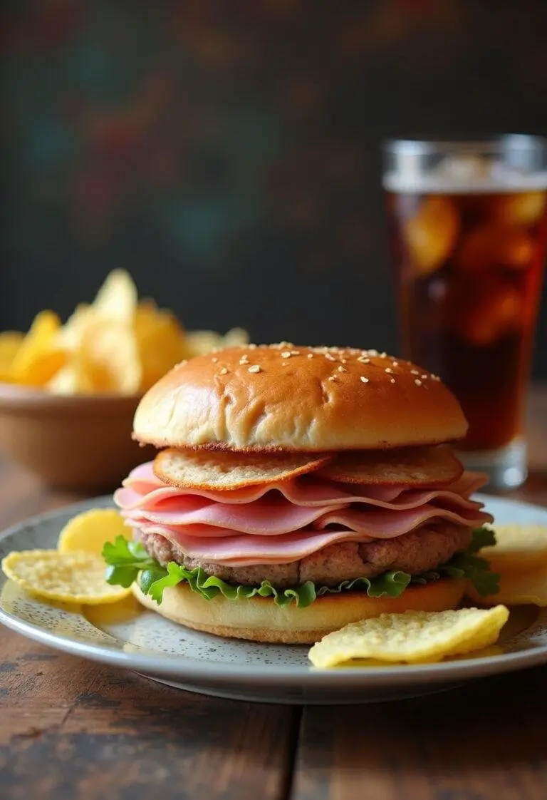 Finished Stranger Things ham sandwich served with chips and soda, perfect for a themed meal.