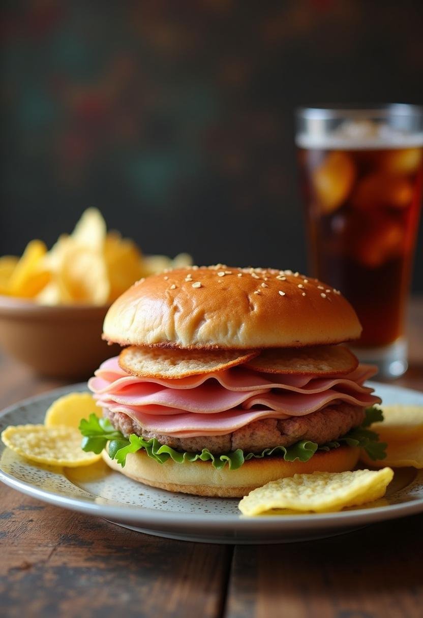 Finished Stranger Things ham sandwich served with chips and soda, perfect for a themed meal.