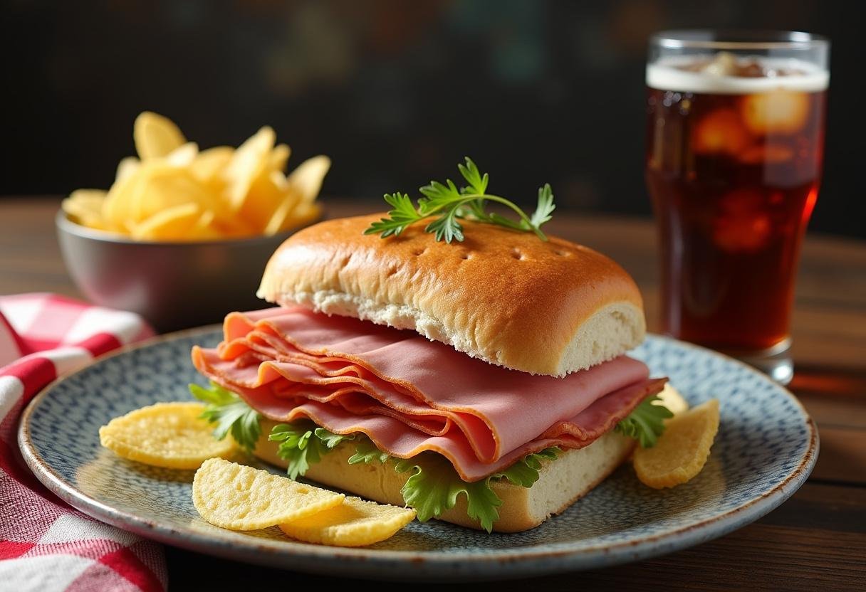 Finished Stranger Things ham sandwich served with chips and soda, perfect for a themed meal.