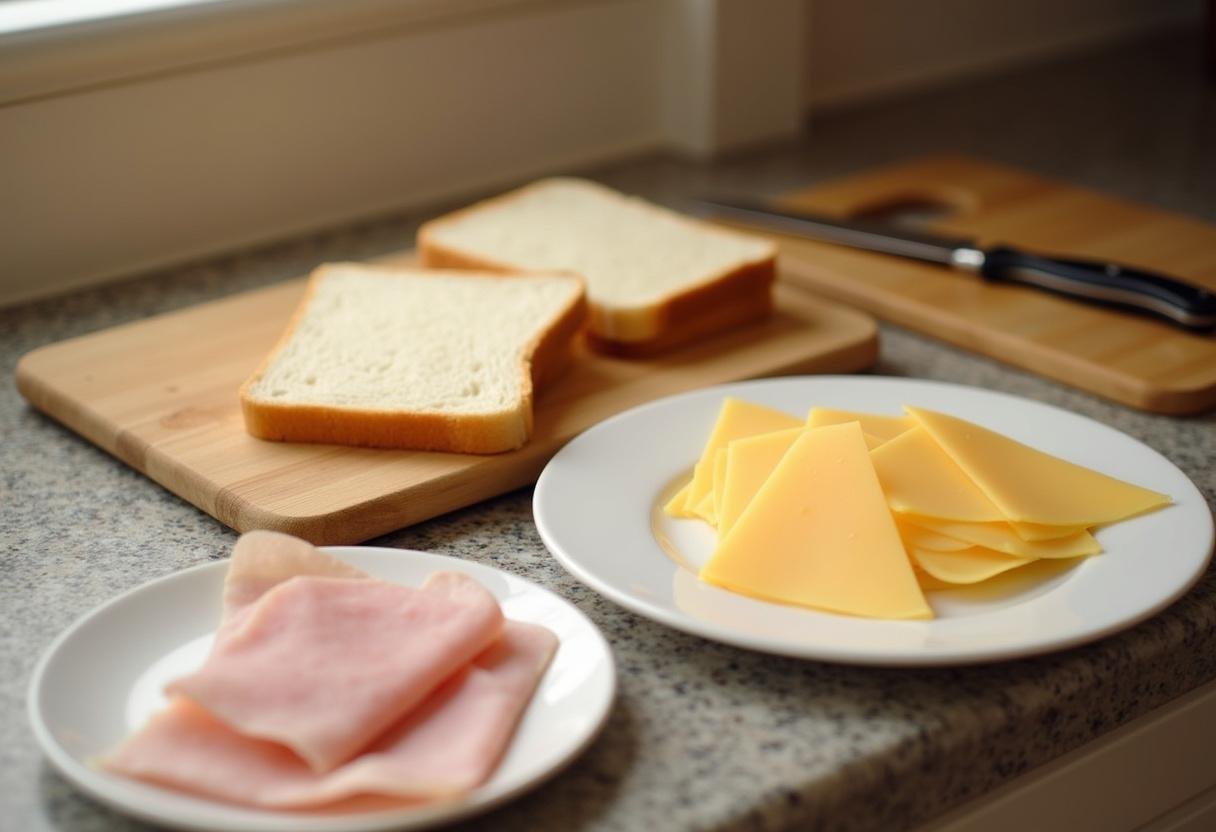 Preparing ingredients for a Stranger Things ham sandwich with slices of bread, ham, and cheese.