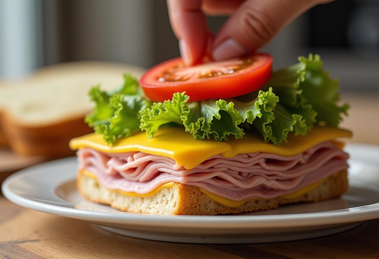 Assembling a ham sandwich with layers of ham and cheese for the Stranger Things sandwich.