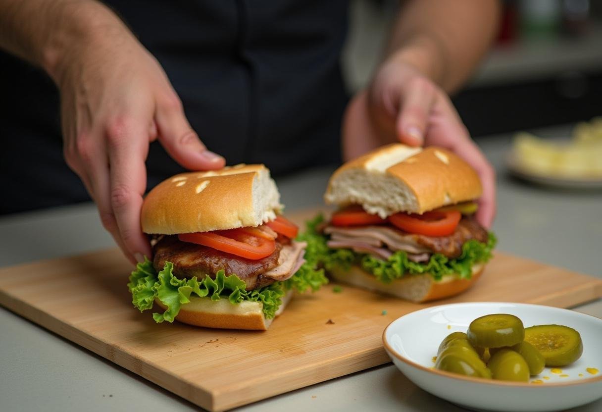 Stranger Things ham sandwich cut in half on a cutting board, showcasing the delicious layers inside.