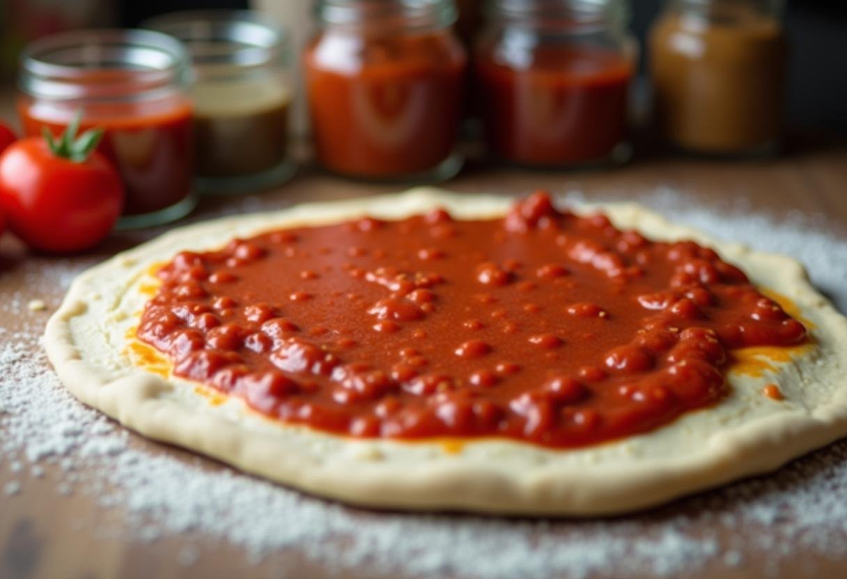 Adding marinara sauce on the rolled pizza dough for creating Hawkins Pizza.