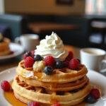 Delicious Stranger Things Morningside Waffles topped with fruits and syrup, ideal for a themed breakfast.