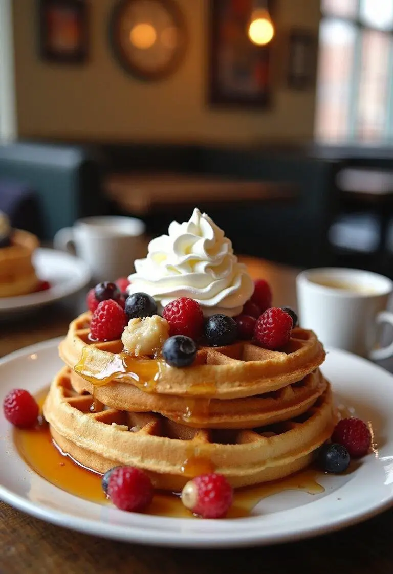 Delicious Stranger Things Morningside Waffles topped with fruits and syrup, ideal for a themed breakfast.
