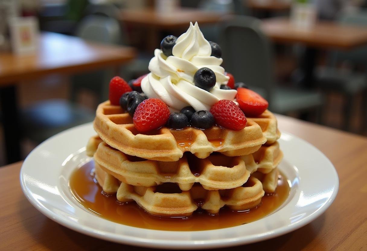 Delicious Stranger Things Morningside Waffles topped with fruits and syrup, ideal for a themed breakfast.